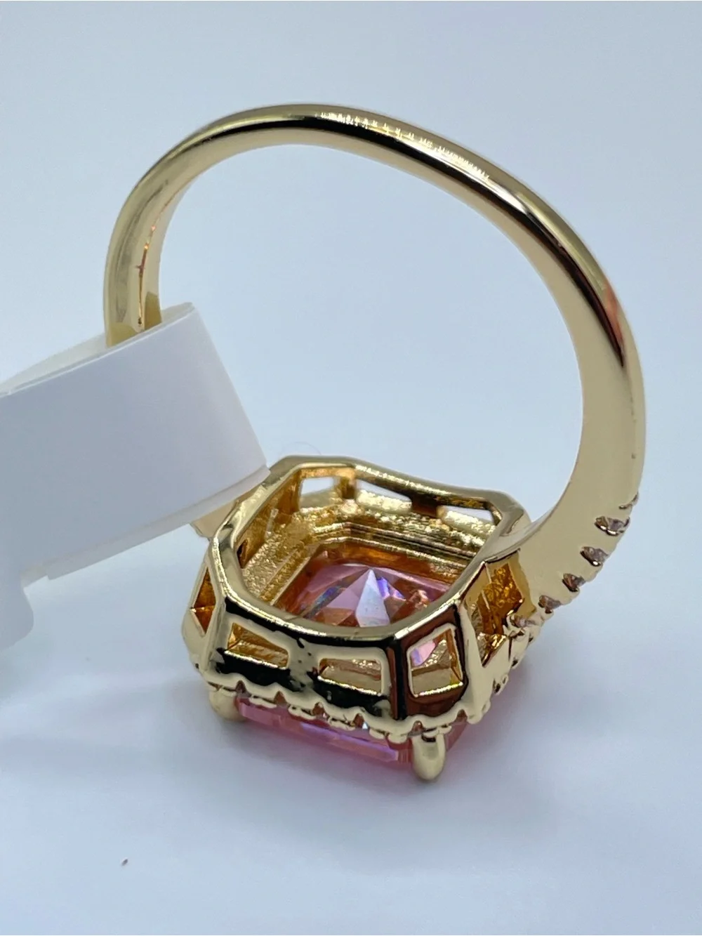 Swarovski Crystal Elements Pink Princess Cut Halo Art Deco Statement Ring Size 9